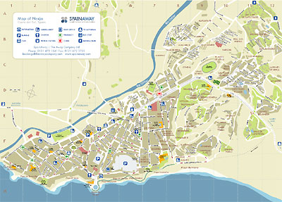 Image showing a stylized map of the town of Nerja, Spain. Clicking this image will download a PDF version of the map that can be zoomed and scrolled through to provide more detail of the town and its facilities.